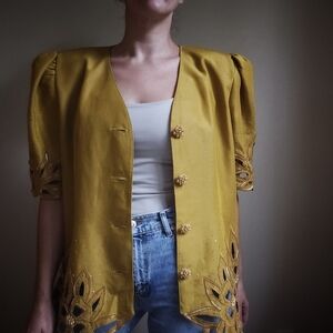 Vintage Mustard Linen Blend Blouse with Cutwork & Pearl Buttons - L/XL